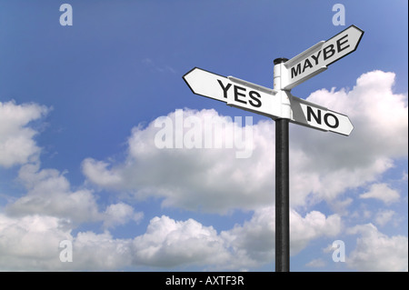 Concept image of a signpost with Yes No or Maybe against a blue cloudy sky Stock Photo
