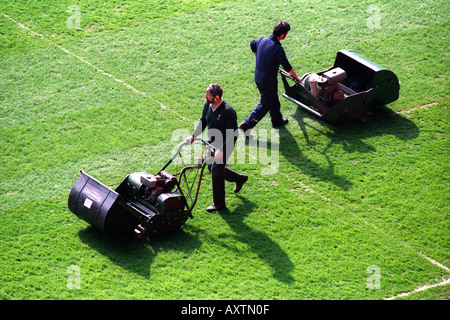 Groundsmen cutting grass on a sports pitch with mowers Stock Photo