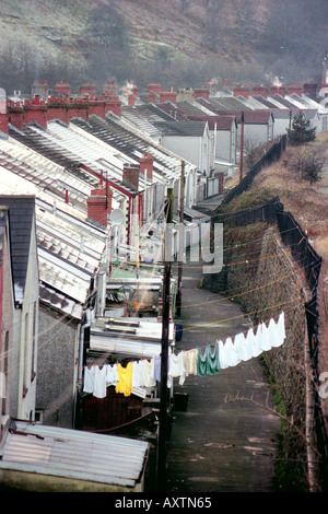 Former coal mining village of Llanhilleth South Wales UK GB on a cold frosty winters day with clothes drying on washing line Stock Photo
