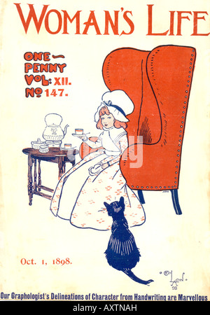 Cover  by Cecil Aldin for Woman's Life magazine October 1898 showing small girl in enormous leather chair having tea Stock Photo