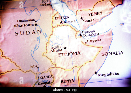 Current map showing the countries of Sudan, Ethiopia, Kenya, Somalia, Uganda, and Yemen in Africa. Stock Photo