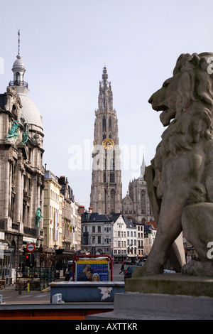 Stone Lion statue with Cathedral of Our Lady, Antwerp, in background. Belgium. Cathedral local name is: Onze Lieve Vrouwkerk Stock Photo