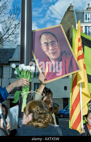 Paris FRANCE, 'Tibet Demonstration' by Tibetan Immigrants 'Day for Tibet' Holding 'Dalai Lama' Portrait Stock Photo