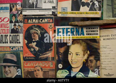 Old magazines with Carlos Gardel and Evita Peron at the antiques fair Feria de San Pedro Telmo at the Plaza Dorrego Buenos Aires Stock Photo