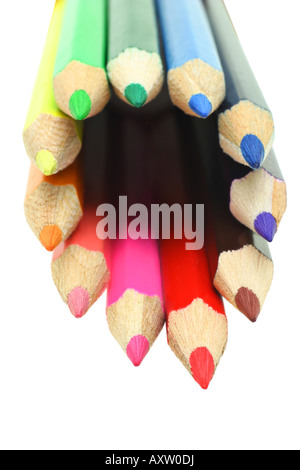 Assortment of colored pencils arranged in circle on white background Stock Photo