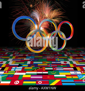 Artistic interpretation of the olympic rings over an endless field of national flags Stock Photo