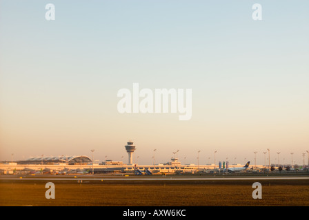 TERMINAL 2 II Munich MUC Airport Franz Josef Strauss building Munich München airfield air field landing field Franz Josef Strauß Stock Photo