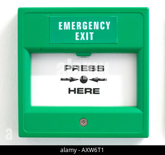 green emergency exit button to open door press here Stock Photo