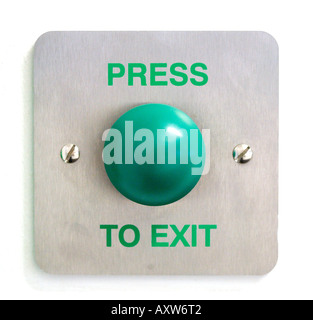 green emergency exit button to open door press here Stock Photo