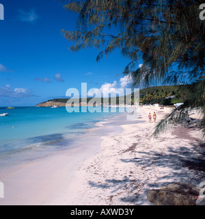 Two ladies in bikinis walk in the distance along beach at Dickenson Bay framed by Casurarina trees Antigua The Caribbean Stock Photo