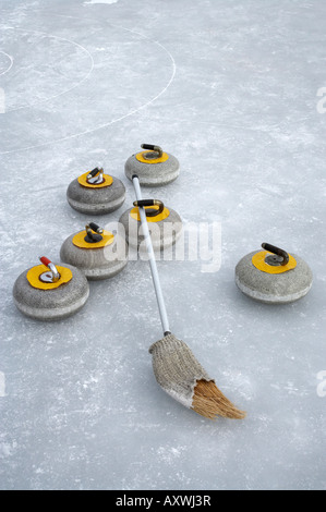 Curling Stones Bonspiel on Frozen Idaburn Dam Oturehua Maniototo Central Otago South Island New Zealand Stock Photo