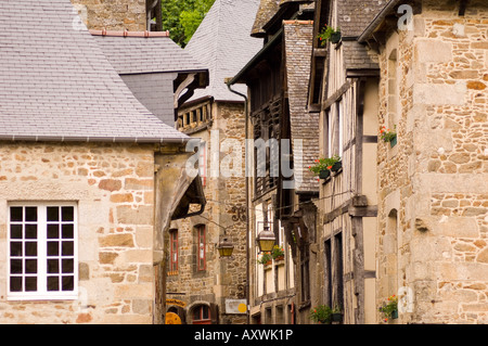 Old half timbered and stone buildings in the picturesque village of Dinan, Brittany, France, Europe