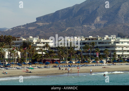 Levante Beach with La Concha Mountains in the background,Puerto Banus,Costa Del Sol,Southern Spain Stock Photo
