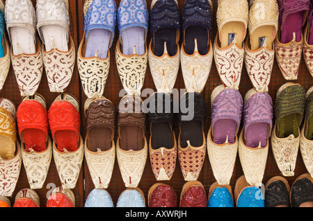 Curly toed slippers for sale in Bur Dubai Souk, Dubai, United Arab Emirates, Middle East Stock Photo