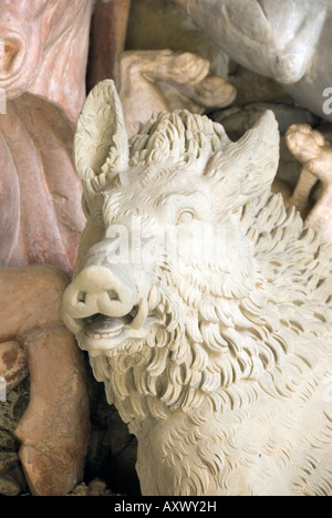 sculpture of a wild boar in the Grotto of the Animals in the Garden of the Medici Villa of Castello, Florence, Tuscany Stock Photo