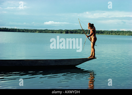 Indian fishing with bow and arrow, Xingu, Amazon region, Brazil, South America Stock Photo