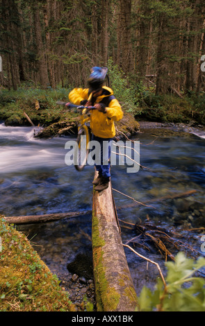 Mountain biker crossing Driftwood Creek on fallen log Babine Mountains Provincial Park Smithers BC Stock Photo