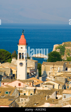 An aerial view of Corfu Old Town and St. Spyridonas belltower from the New Fort, Corfu, Ionian Islands, Greek Islands, Greece Stock Photo