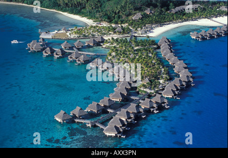 Aerial view from water bungalows of a luxury hotel Bora Bora Society island French Polynesia Stock Photo
