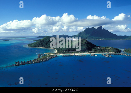 Aerial view from water bungalows of a luxury hotel Bora Bora Society island French Polynesia Stock Photo