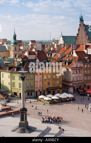 Elevated view over Castle Square and Sigismund III Vasa Column to the colourful houses of the Old Town, Warsaw, Poland Stock Photo