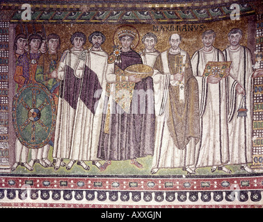 Justinian I (Flavius Petrus Sabbatius Justinanus), 482 - 14.11.565, Eastern Roman Emperor, with court, mosaic, circa 547, Basilica San Vitale, Ravenna, Italy, Stock Photo