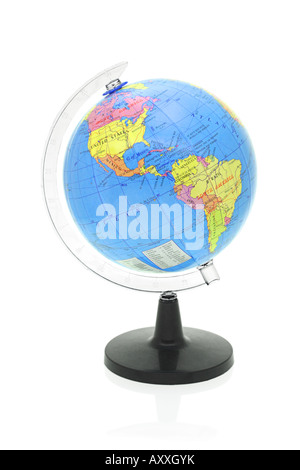 Plastic globe showing North and South America on white background Stock Photo