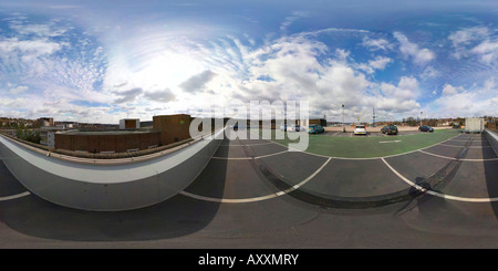 Equirectangular, panoramic, skydome, VR 360, sunny, carpark, sky, sun, bright, full field of view Stock Photo