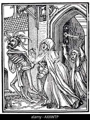 HANS HOLBEIN Dance of Death a print from the engraved series of 1526 shows Death taking away an Abbess Stock Photo