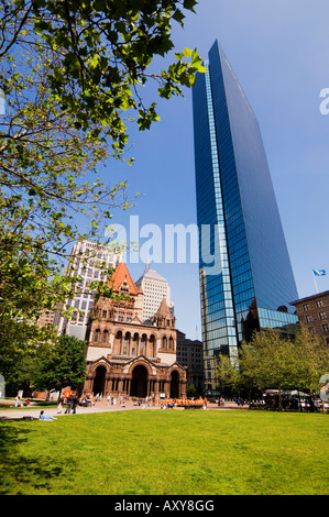 Trinity Church and the John Hancock Tower, Copley Square, Boston, Massachusetts, USA Stock Photo
