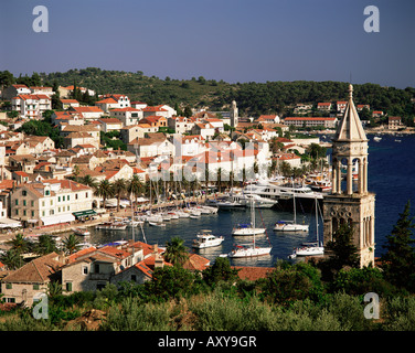 Elevated view of the town and harbour, Hvar Town, Hvar Island, Dalmatia, Dalmatian coast, Croatia, Europe Stock Photo