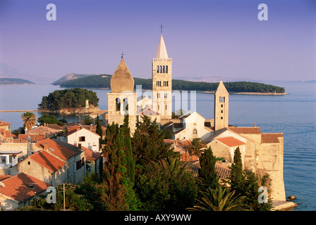 Medieval Rab Bell Towers and elevated view of the town, Rab Town, Rab Island, Dalmatia, Dalmatian coast, Croatia, Europe Stock Photo