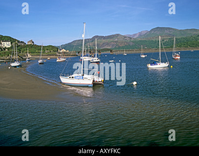 BARMOUTH GWYNEDD NORTH WALES UK June The tide is out under Barmouth Railway Bridge over the River Mawddach Stock Photo