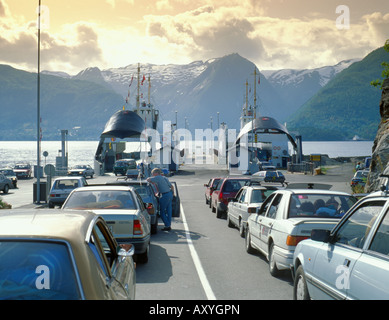 Car ferries (Hella - Dragsvik and Hella - Vangsnes) loading at Hella, Sognefjord, Sogn og Fjordane, Norway. Stock Photo