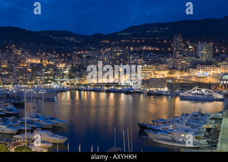 Waterfront at night, Monte Carlo, Principality of Monaco, Cote d'Azur, Mediterranean, Europe Stock Photo