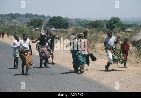 folklore group with dancers on a street near the Sambesi, Zambia, Western Sambia Stock Photo