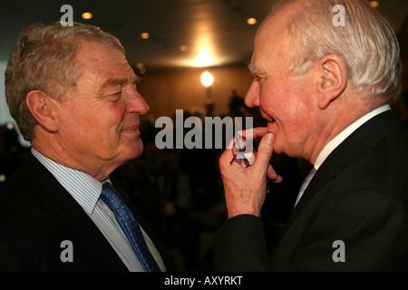 Former Liberal Democrat Leaders Paddy Ashdown and Ming Campbell MP at the announcement of Nick Clegg as new Lib Dem Leader Stock Photo