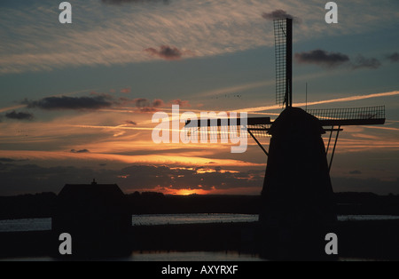 windmill in evening glow, Netherlands Stock Photo