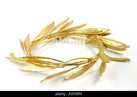 closeup gold winner olive tree wreath for olympic games winners isolated on white background Stock Photo