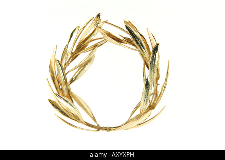 gold winner olive tree wreath for olympic games winners isolated on white background Stock Photo