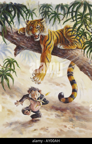 TIGER SURPRISING A CHEEKY MONKEY FROM A TREE Stock Photo