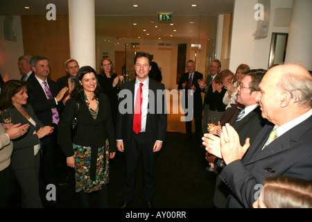 Liberal Democrat Leader Nick Clegg MP and wife Miriam are congratulated by party colleagues after winning the Leadership contest Stock Photo