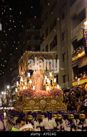 Processions on Good Friday,Lorca,Spain. Rain of carnation and rose petals as the Virgen de la Amargura is carried by costaleros Stock Photo