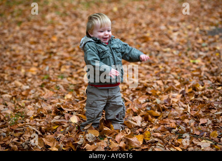 A young boy plays in the autumn leaves, Birmingham, England, UK