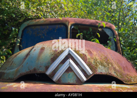 Dilapidated old Citroen wreck rusts in a field in France Stock Photo