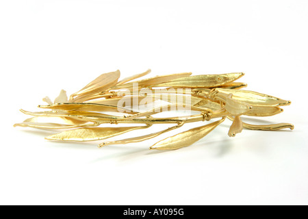 olive tree gold plated wreath for olympic games winners isolated on white background Stock Photo