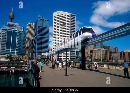 Sydney monorail on Pyrmont Bridge at Darling Harbour Stock Photo