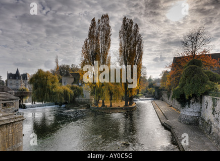 Cloudy autumn afternoon on the mill of Moret-Sur-Loing, Seine et Marne, France Stock Photo