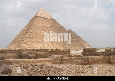 The Pyramid of Khafre Chephren Giza Plateua Egypt In the background the Great Pyramid of Khufu Cheops can be seen Stock Photo