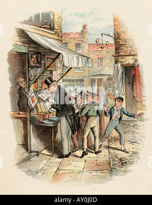 Oliver amazed at the Dodger's mode of going to work. From the book The Adventures of Oliver Twist by Charles Dickens. Stock Photo